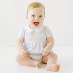 Load image into Gallery viewer, Mini Checks Smocked Collared S/S Bubble - Blue