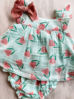 Load image into Gallery viewer, Angel Dear Butterfly Sleeve Pinafore & High Waisted Diaper Cover - Tulips