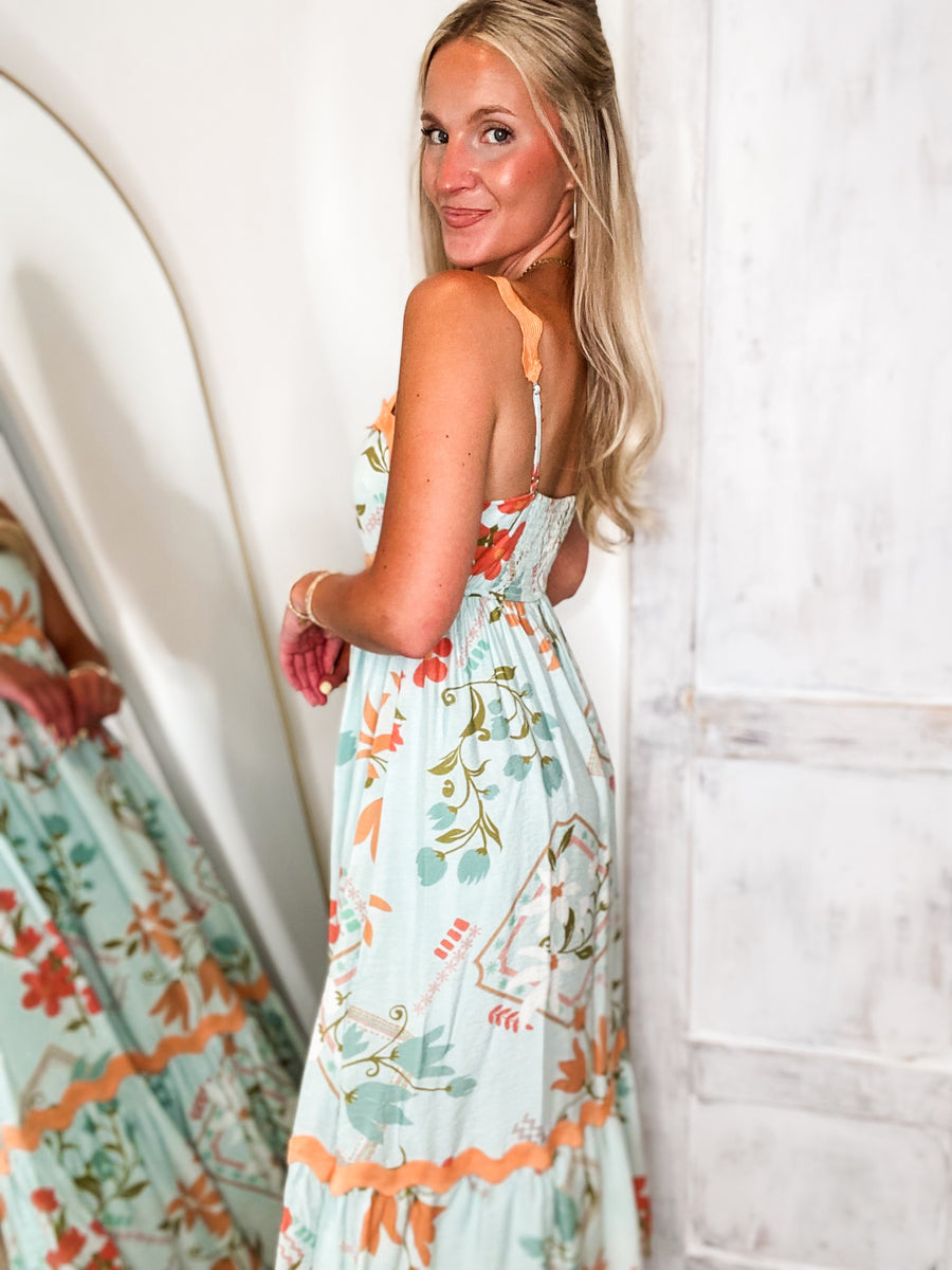 slim fit dress slacks In The Keys Aqua Floral Midi Dress – Shopaholics Only Boutique