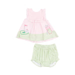 Load image into Gallery viewer, Angel Dear Ruffle Top with Applique & Bloomer - Golf Pink Mini Gingham