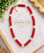 Load image into Gallery viewer, Red With Pearl Accent Beaded Necklace Collection
