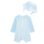Load image into Gallery viewer, Mud Pie Blue Gingham Baby Rash Guard Set