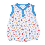 Load image into Gallery viewer, Field of Dreams Blue Printed Front Snap Sleeveless Bubble