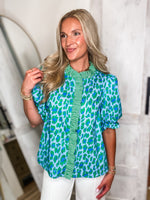 Load image into Gallery viewer, About Time Blue Leopard Contrast Blouse
