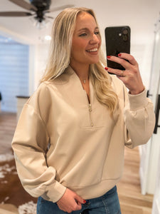 On The List Taupe Quarter Zip Scuba Pullover