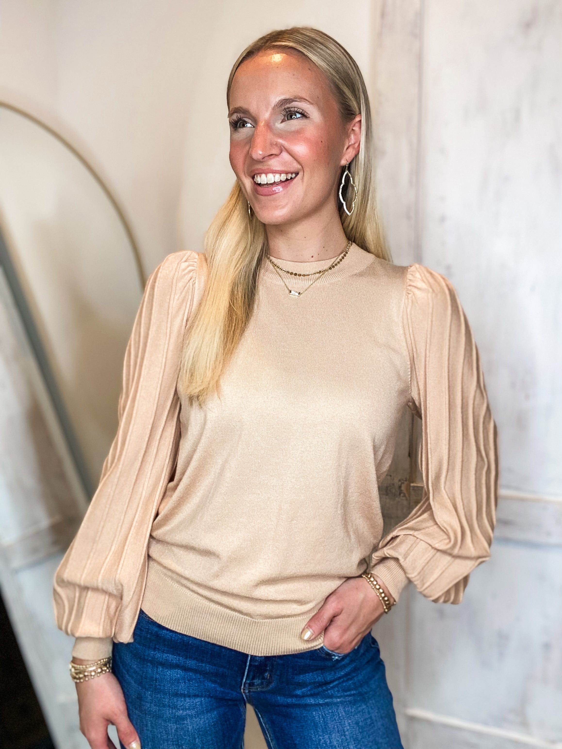 Minimal Effort Taupe Pleated L/S Blouse