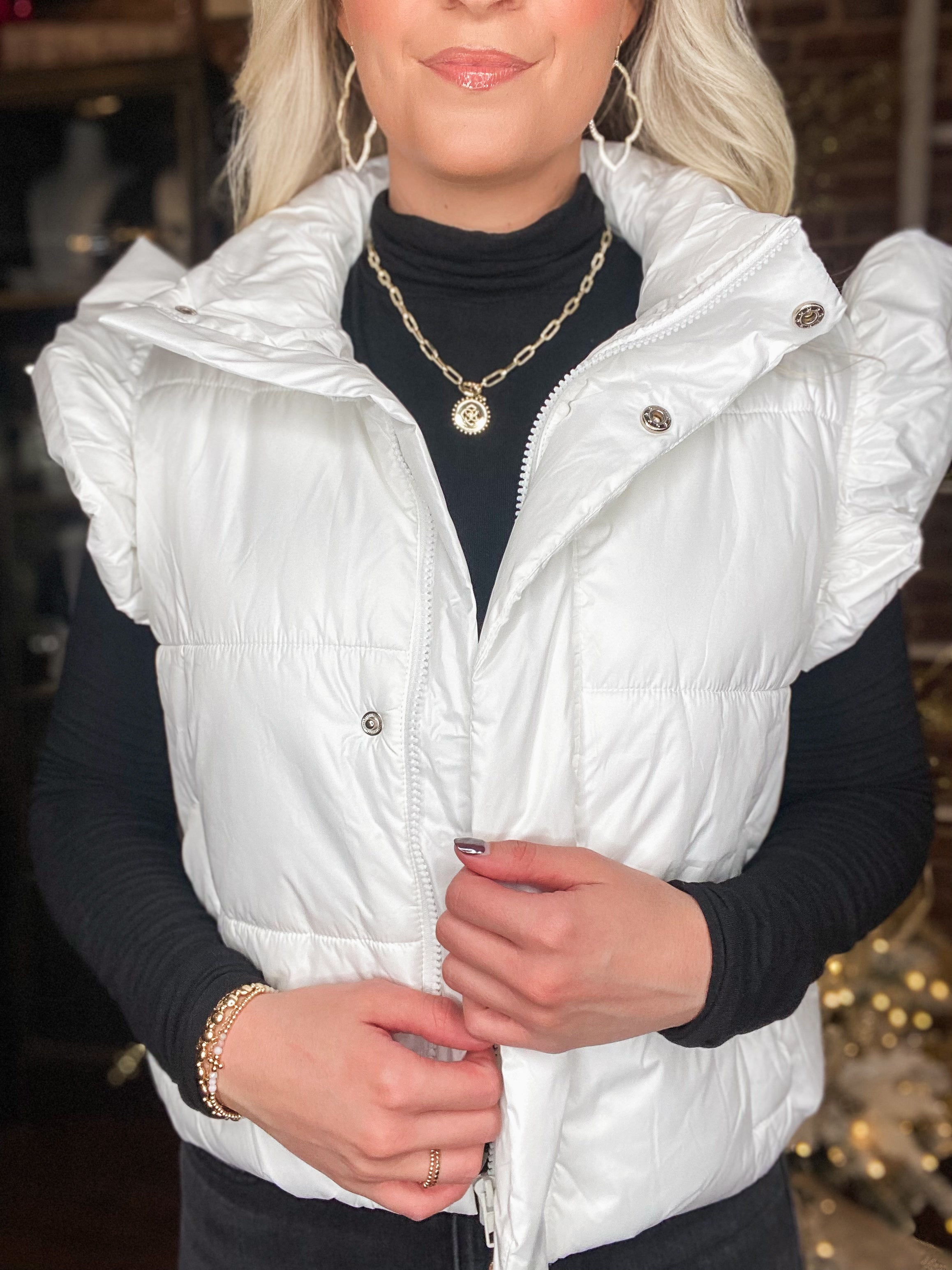 Haven't You Heard White Ruffle Shoulder Puffer Vest