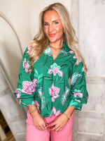 Load image into Gallery viewer, Still Dreaming Kelly Green/Pink Floral Blouse
