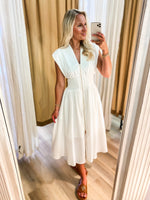 Load image into Gallery viewer, Full Admiration Gold Zip White Midi Dress
