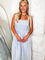 Load image into Gallery viewer, Ocean Air Ivory &amp; Blue Stripe Linen Midi Dress
