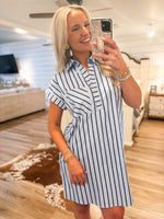 Load image into Gallery viewer, Telling Them All Powder Blue/Navy Stripe Mini Shift Dress
