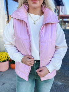 Forget About It Iridescent Powder Pink Puffer Vest