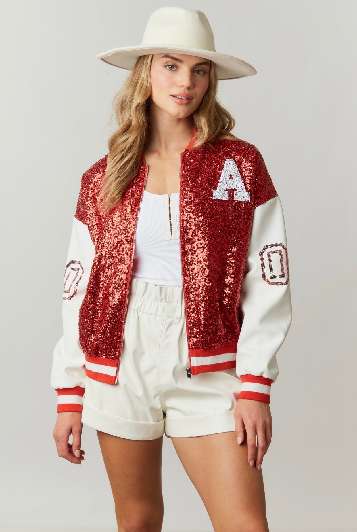 Quarterback Girl Red Sequin Letterman Jacket