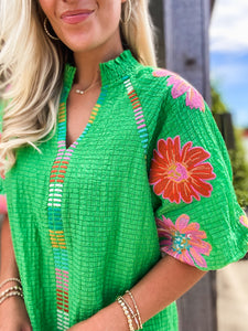 Perfect Timing Floral Embroidered Kelly Green THML Blouse