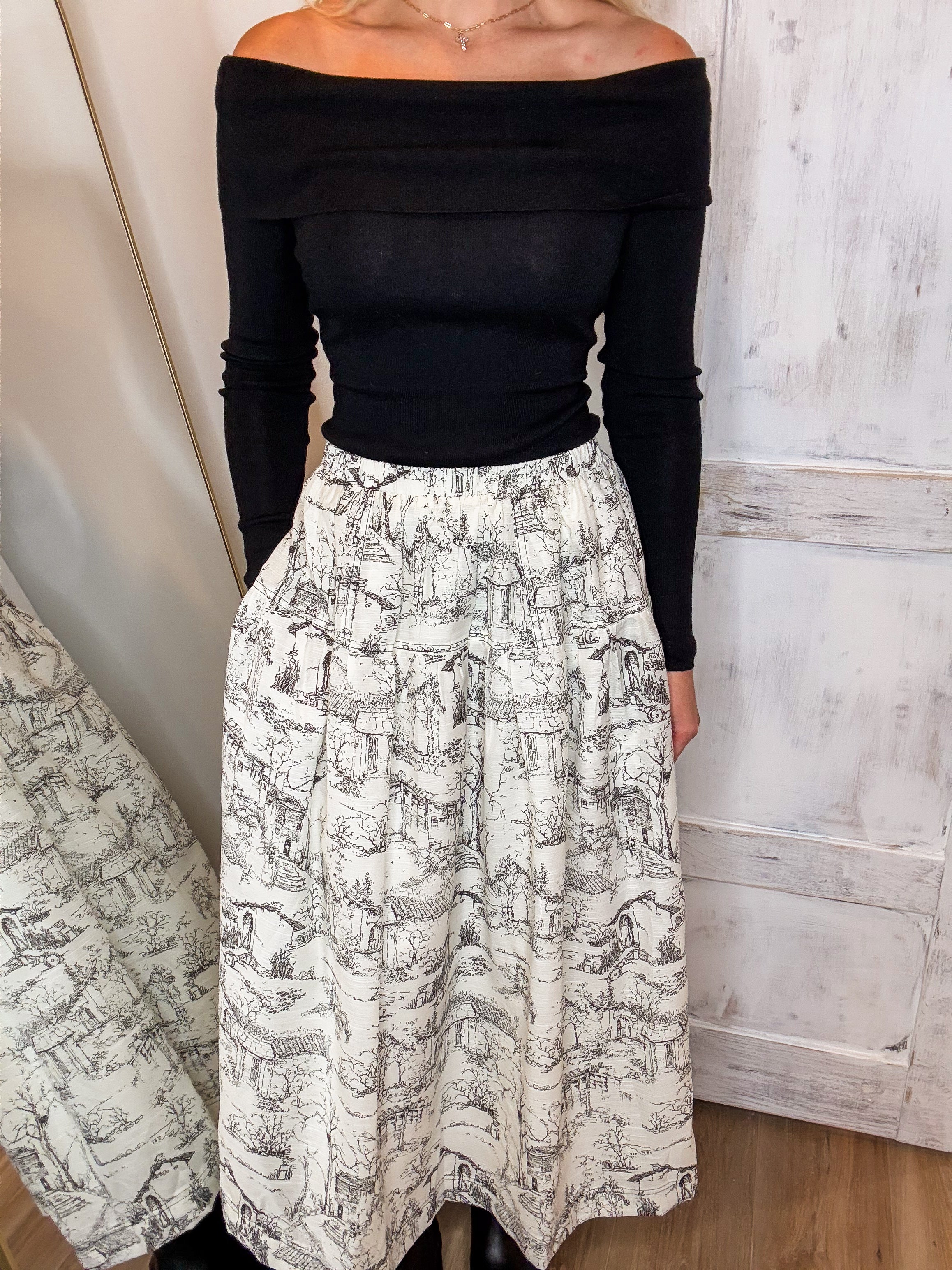 Keeping Faith Black & Ivory Printed Maxi Skirt