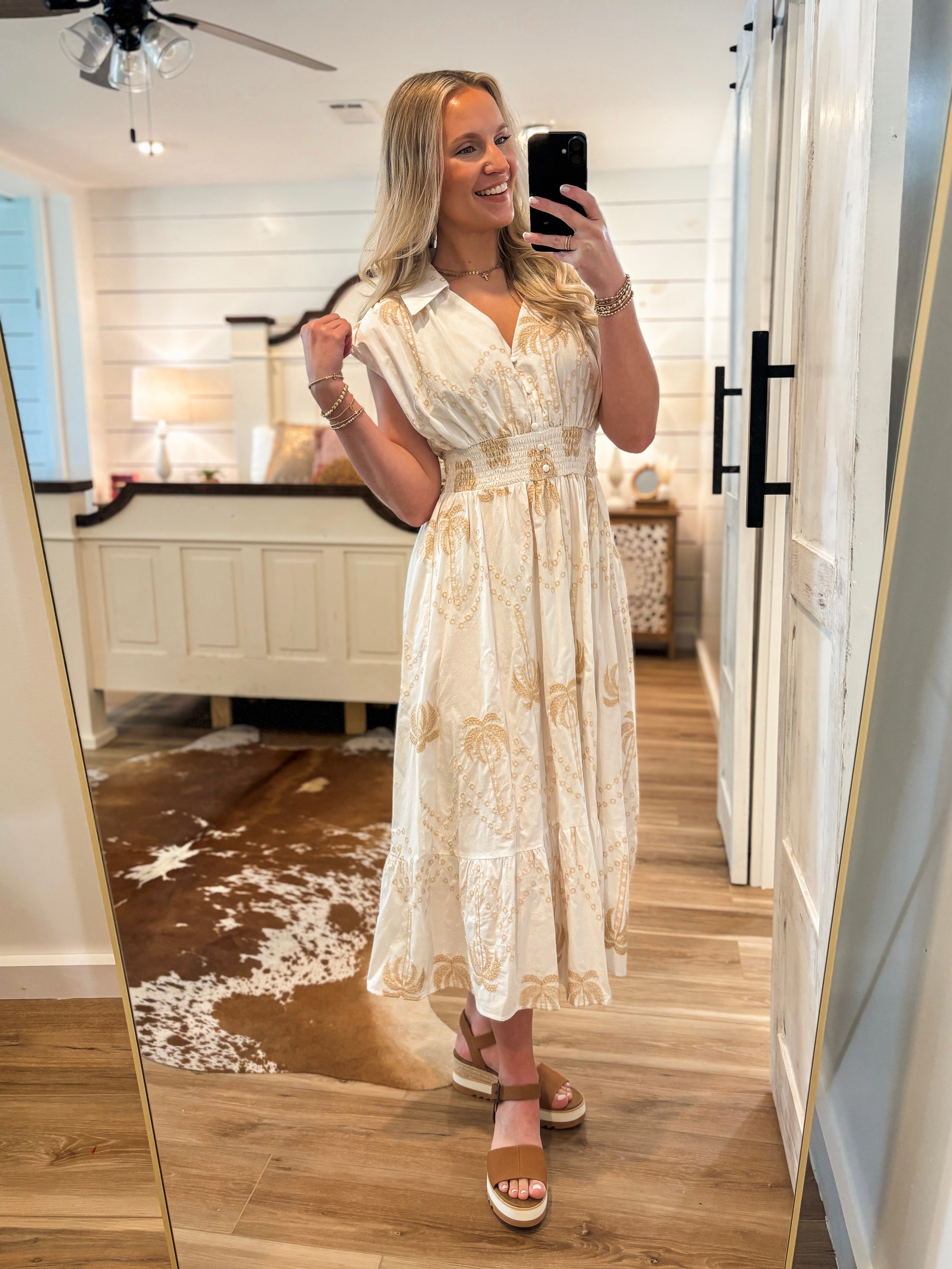 Room Views Ivory Palm Embroidered Midi Dress