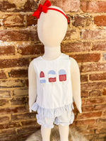 Load image into Gallery viewer, White &amp; Blue Seersucker Ruffle Short Set With Popsicle Applique
