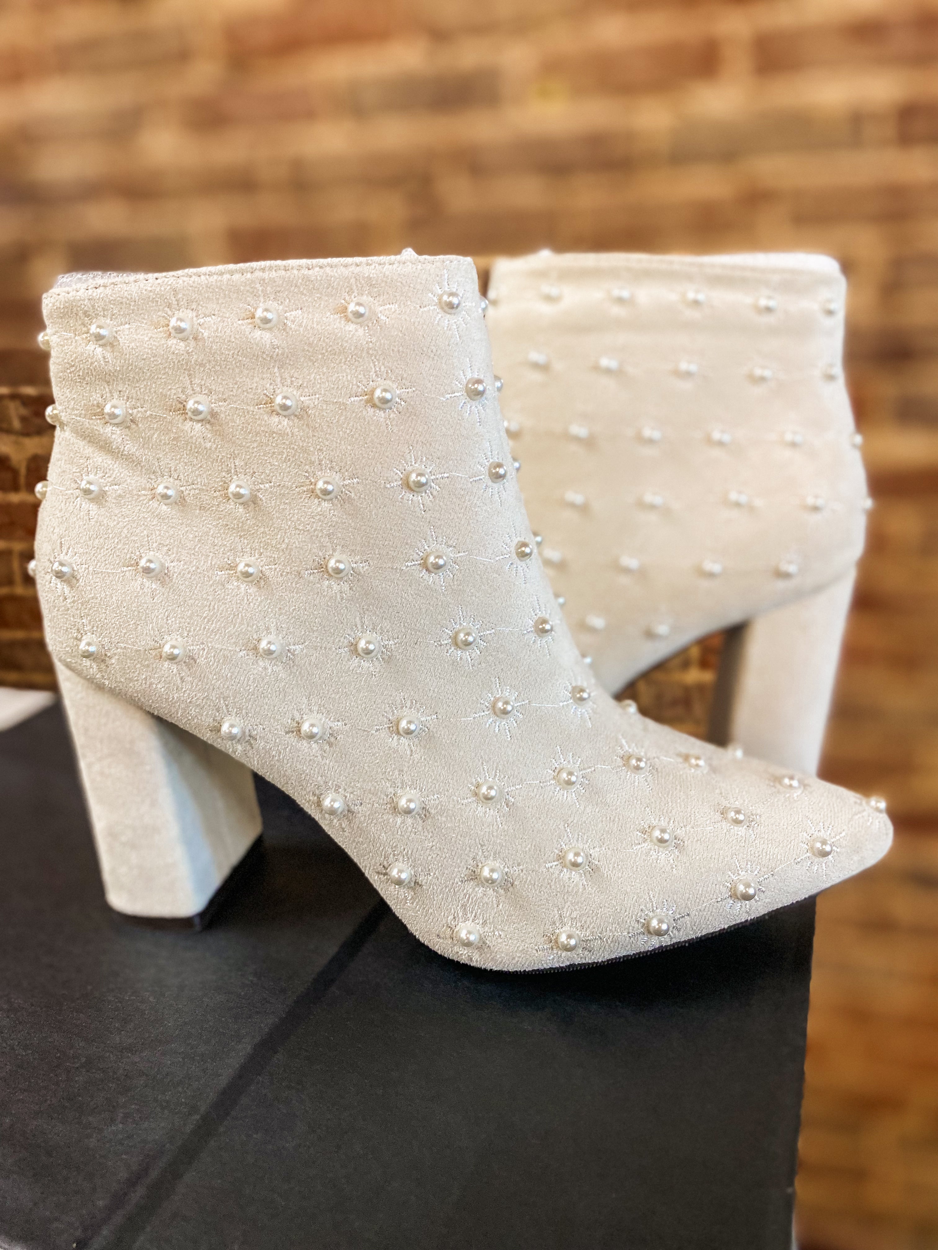 Elegant Night Pearl Studded Ivory Suede Ankle Boots
