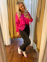 Load image into Gallery viewer, Nashville Night Sequin Cowboy Hat Fuchsia Pink Button Down Blouse

