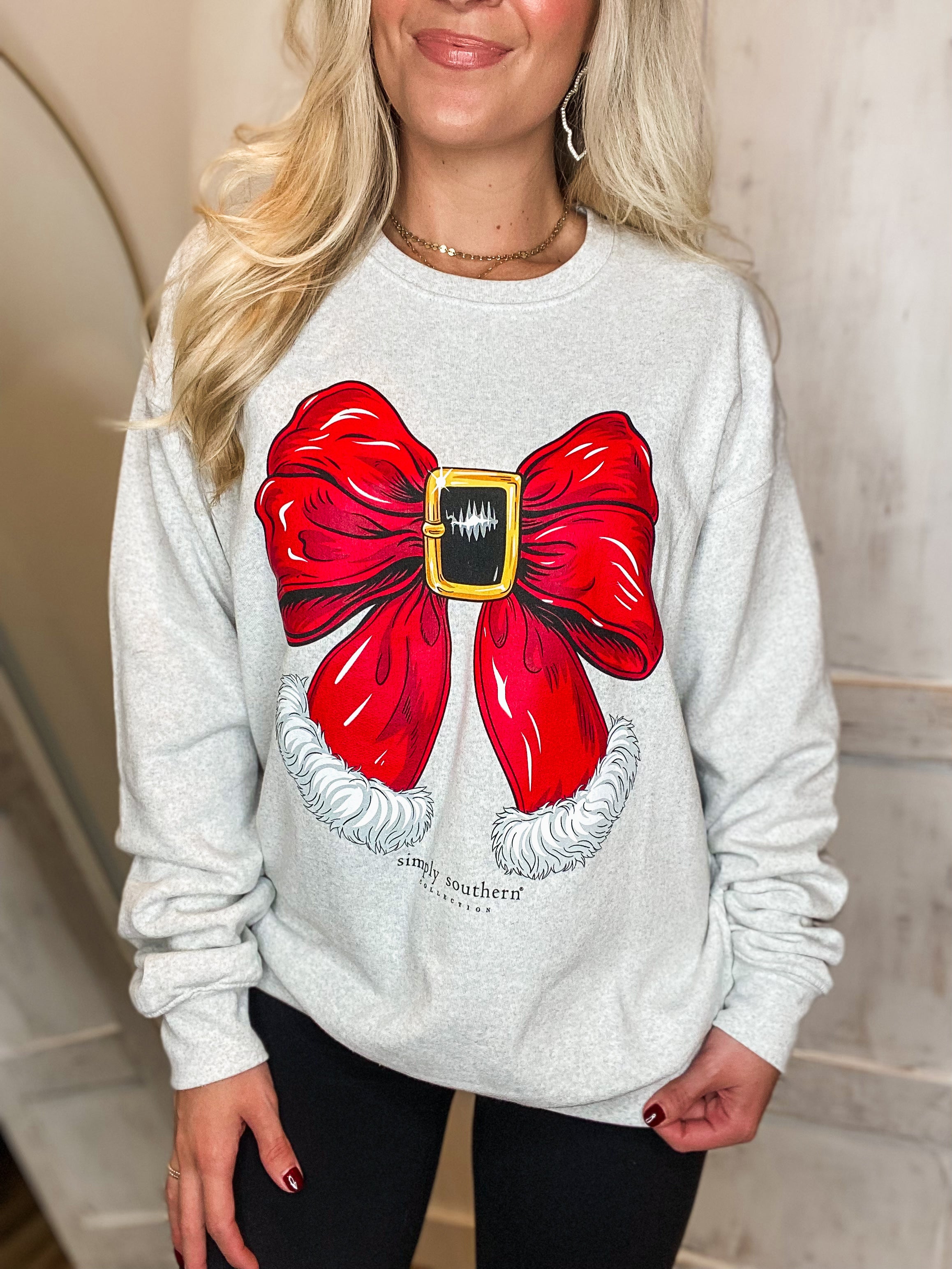 Santa Bow Gray Simply Southern Sweatshirt