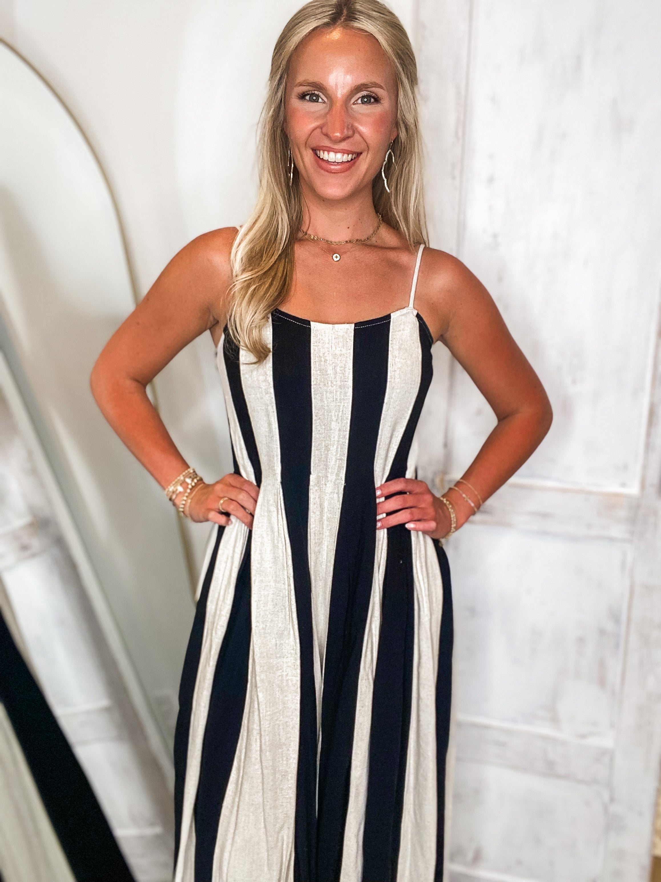 Time To Go Ivory & Black Stripe Linen Jumpsuit