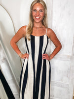 Load image into Gallery viewer, Time To Go Ivory &amp; Black Stripe Linen Jumpsuit
