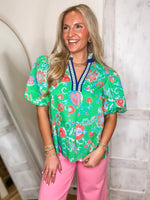 Load image into Gallery viewer, Perfect Day Kelly Green Paisley Contrast Blouse
