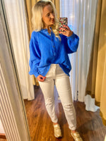 Load image into Gallery viewer, Keep On Royal Blue Washed Cotton Long Sleeve Blouse
