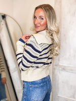 Load image into Gallery viewer, Bring It Oat &amp; Navy Stripe Knit Jacket
