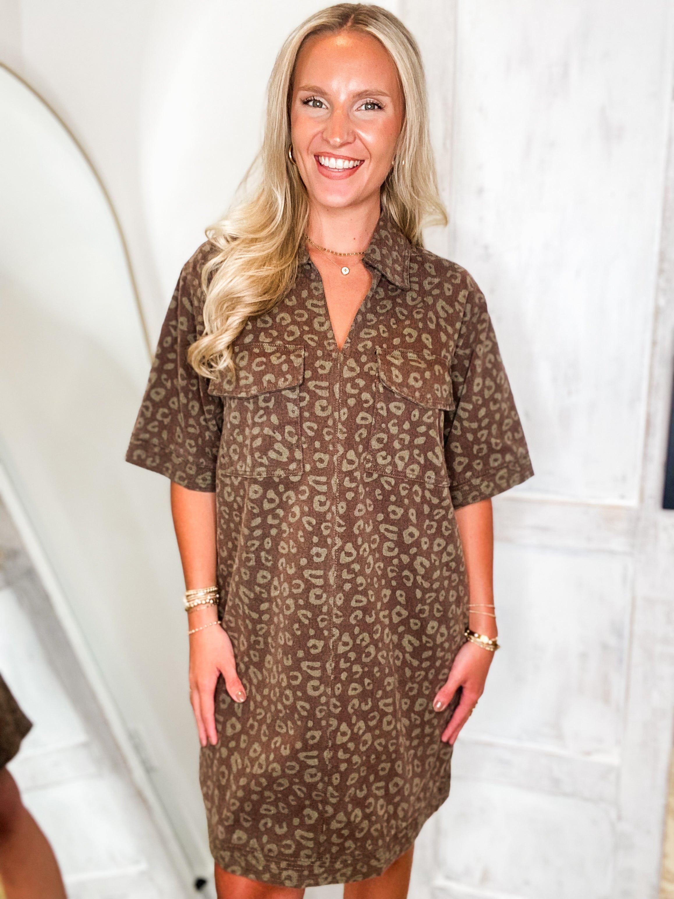What We Have Mocha Leopard Denim Mini Dress