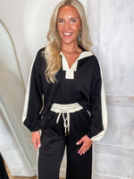 Load image into Gallery viewer, Walking On Black Contrast Pullover &amp; Lounge Pant Set
