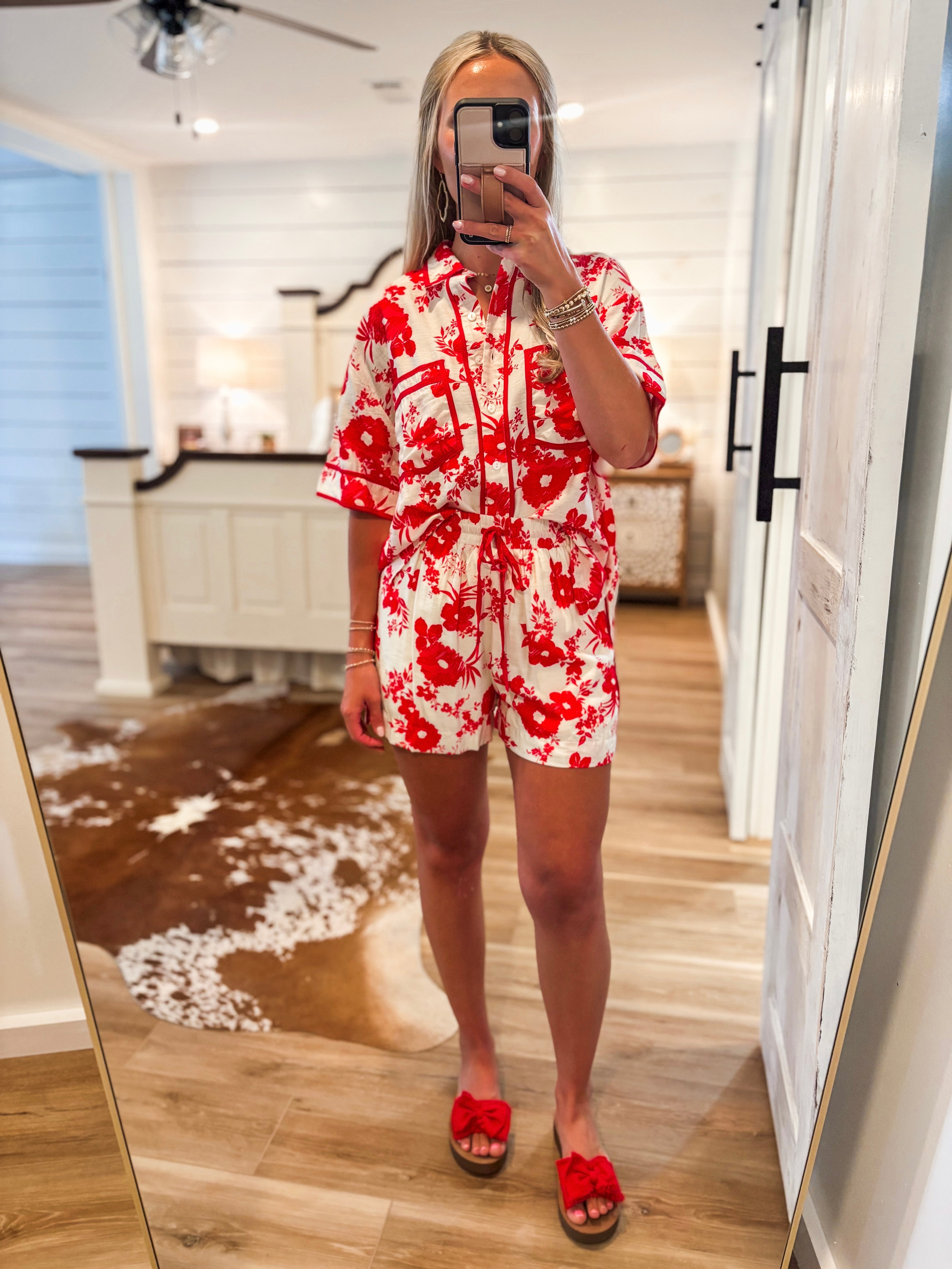 Exotic Adventure Red Floral S/S Button Down & Shorts Set