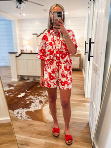 Exotic Adventure Red Floral S/S Button Down & Shorts Set