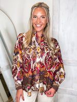 Load image into Gallery viewer, Kind Acts Brown Multi Printed Button Down Blouse
