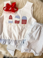 Load image into Gallery viewer, White &amp; Blue Seersucker Ruffle Short Set With Popsicle Applique
