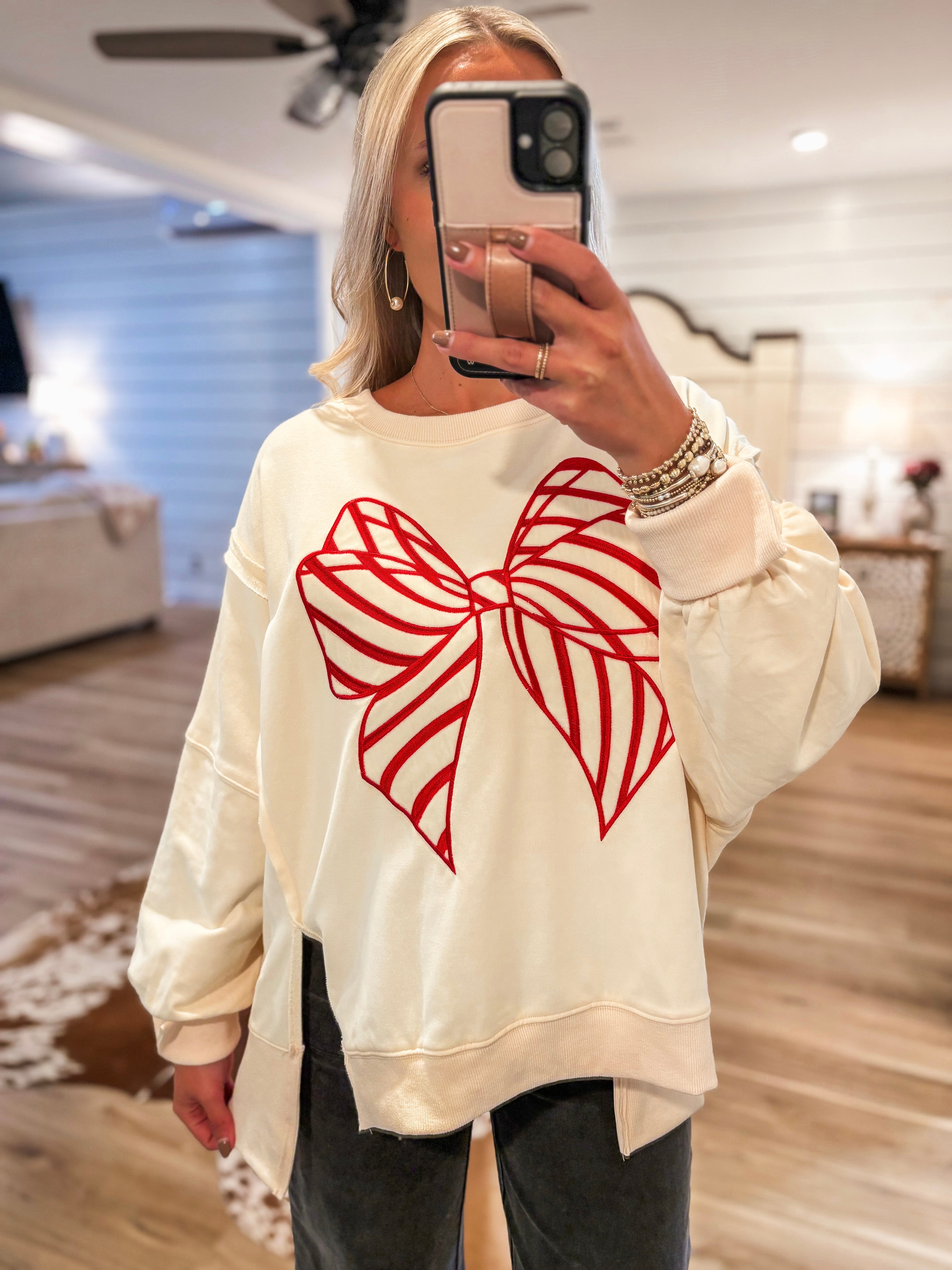 Candy Cane Lane Ivory Bow Pullover