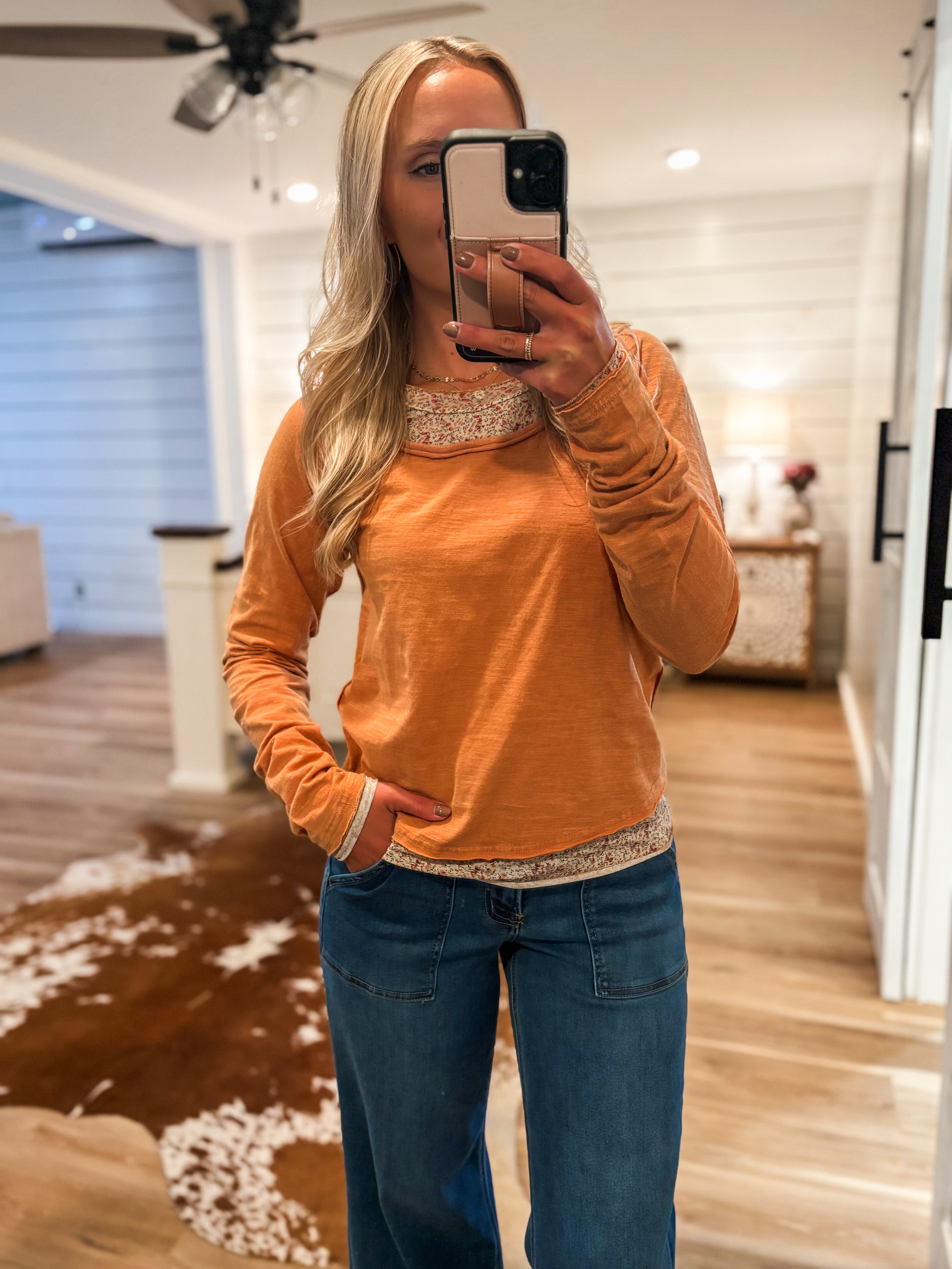 Keeping You Blush Brick Mineral Washed L/S Top
