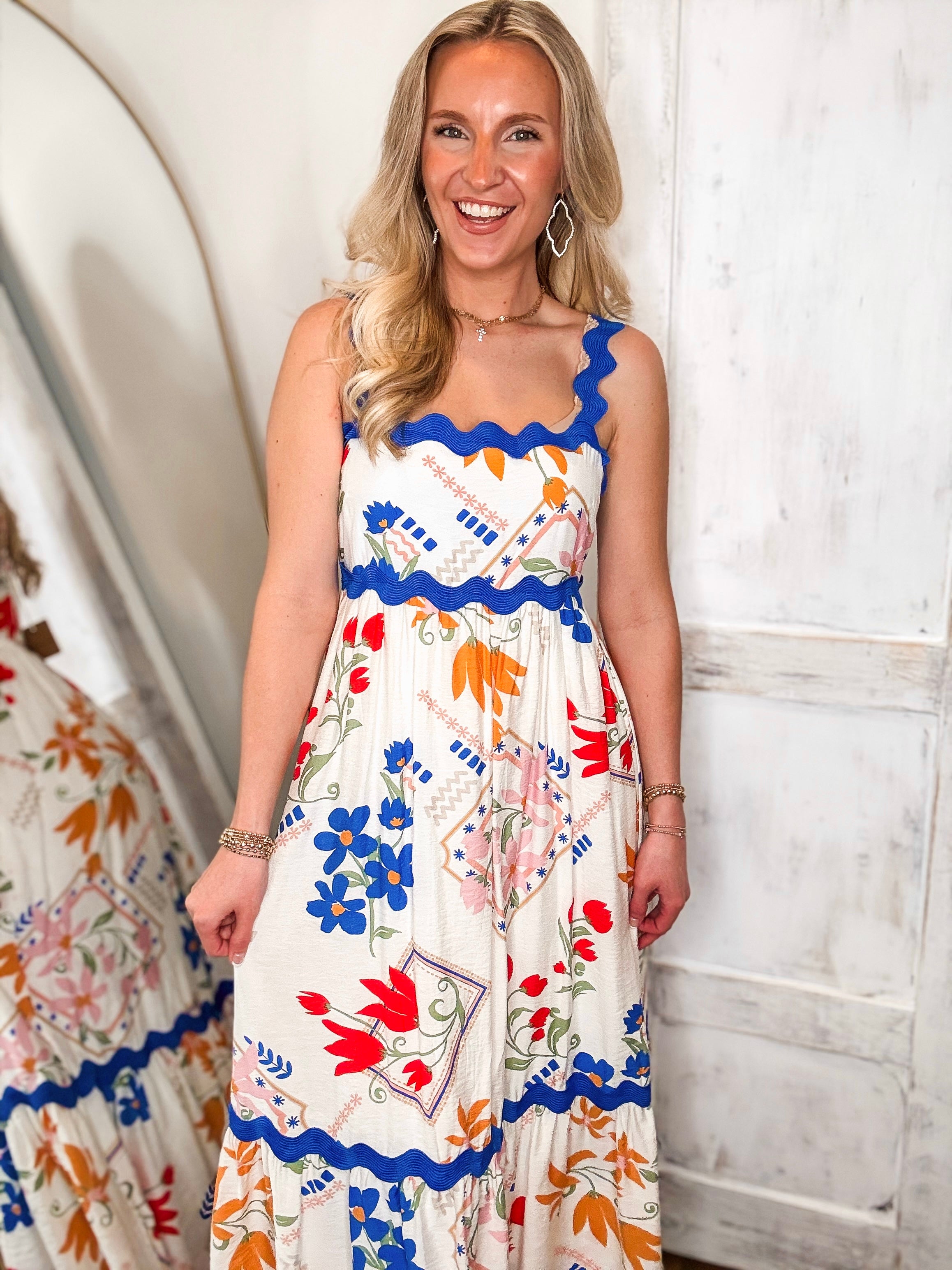 European Summer White Printed Midi Dress