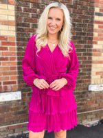 Load image into Gallery viewer, Calling In Favors Magenta Pleated Ruffle Dress
