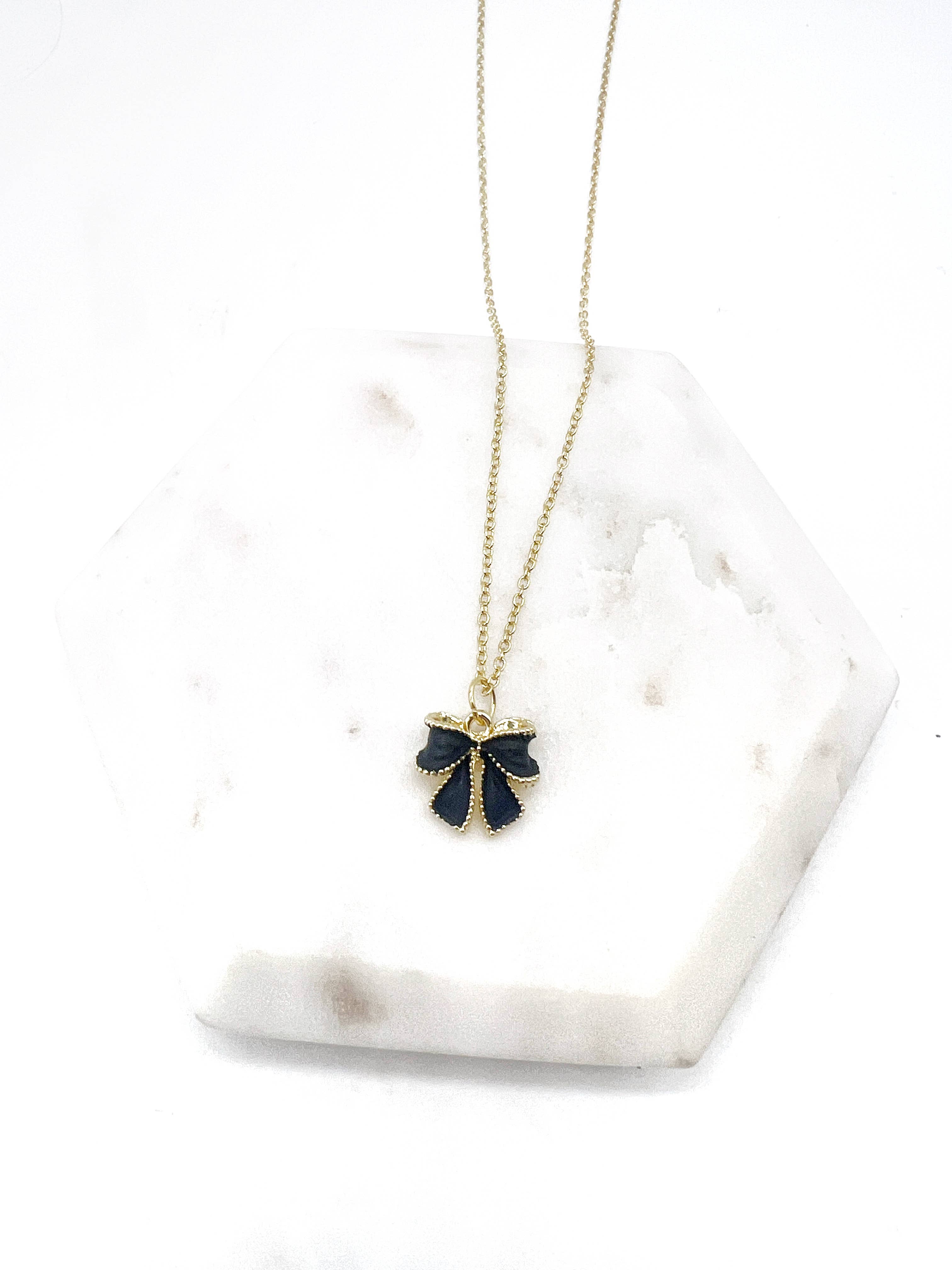 Black Bow Charm Necklace Gold Coquette Demure