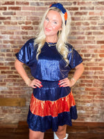 Load image into Gallery viewer, Light Of The Crowd Foil Printed Navy and Orange Metallic Dress
