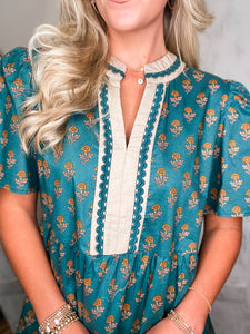 In Harvest Teal Floral Mini Dress