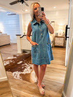 Load image into Gallery viewer, Settling Up Denim Shift Dress
