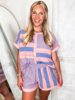 Load image into Gallery viewer, Sweet Treat Pink &amp; Blue Stripe UMGEE Tee &amp; Shorts Set
