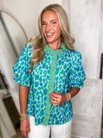 Load image into Gallery viewer, About Time Blue Leopard Contrast Blouse
