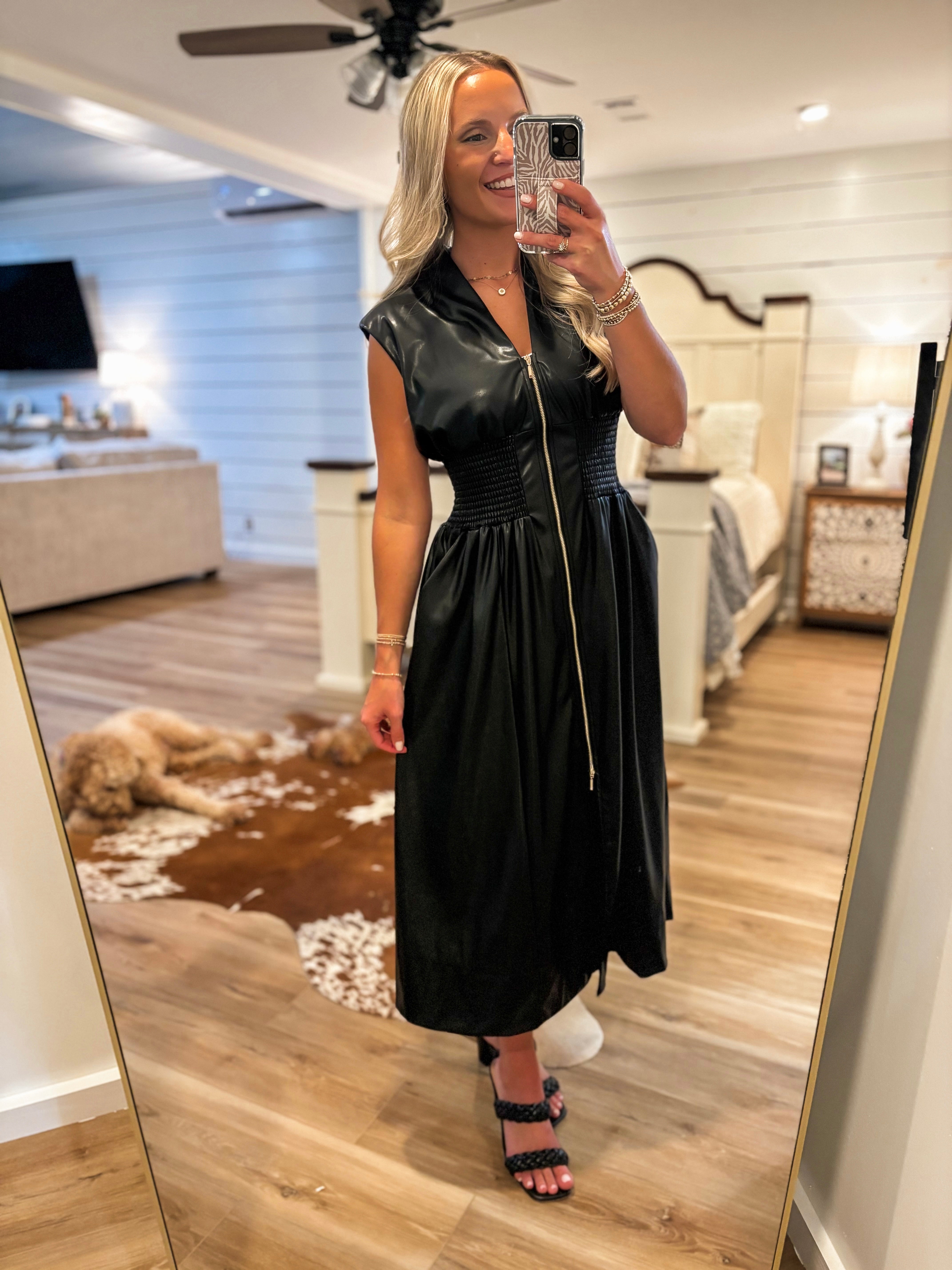 Last To See Black Faux Leather Zip Dress