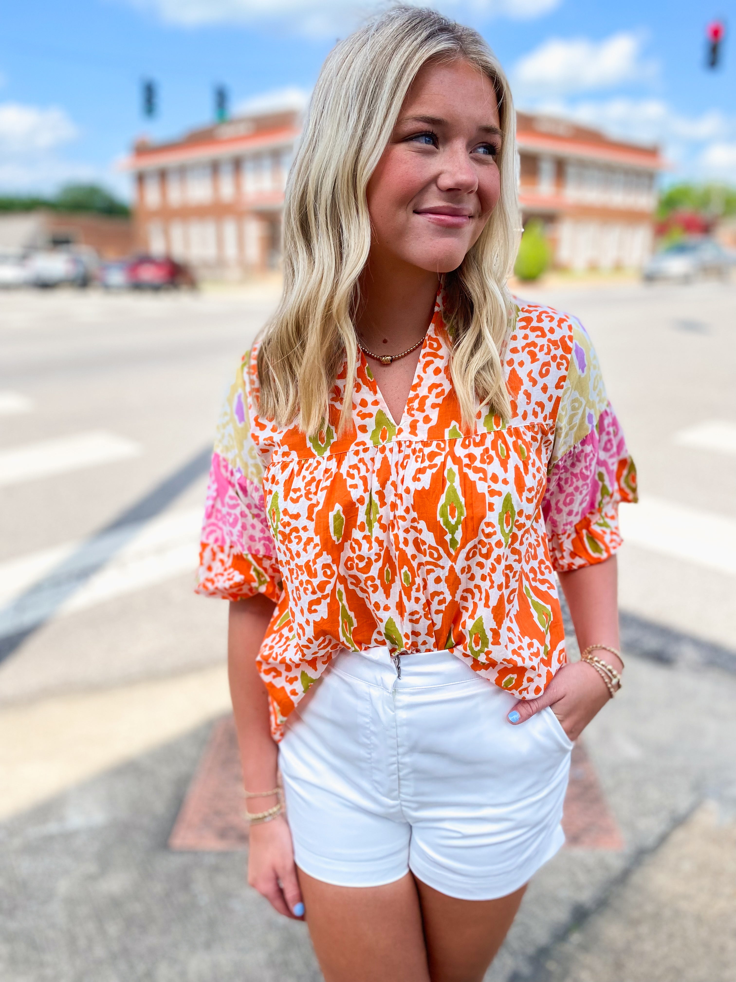 Seize The Day Orange Multi Print THML Blouse