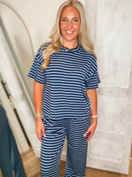 Load image into Gallery viewer, Last Wishes Navy/Powder Blue Stripe Tee &amp; Lounge Pant Set

