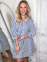 Load image into Gallery viewer, Choosing Myself Blue &amp; Taupe Stripe Mini Dress
