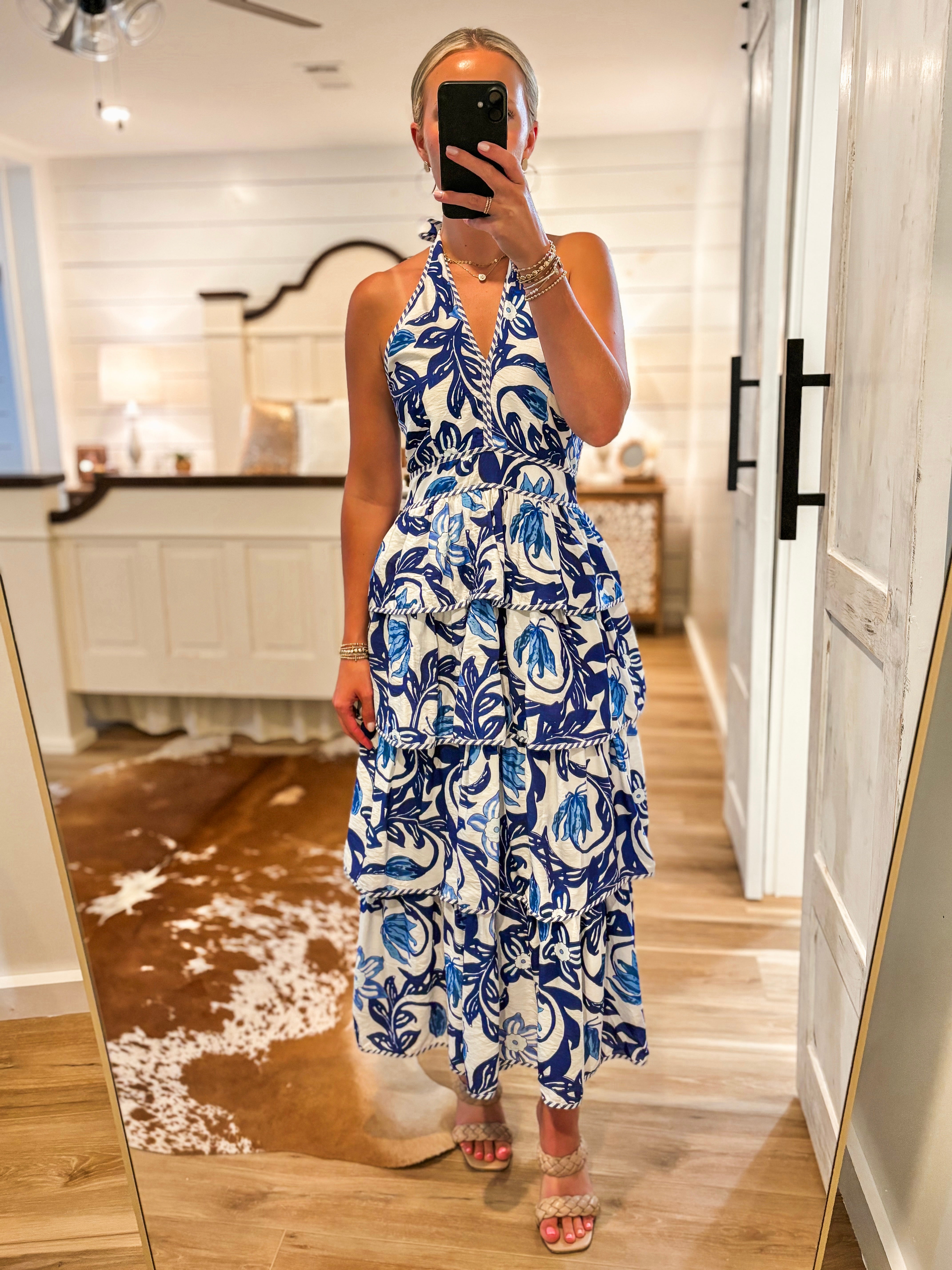 Weekend Bliss Royal Blue Floral Halter Maxi Dress